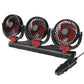 Black triple-head car fan with red bases and cigarette-lighter power plug