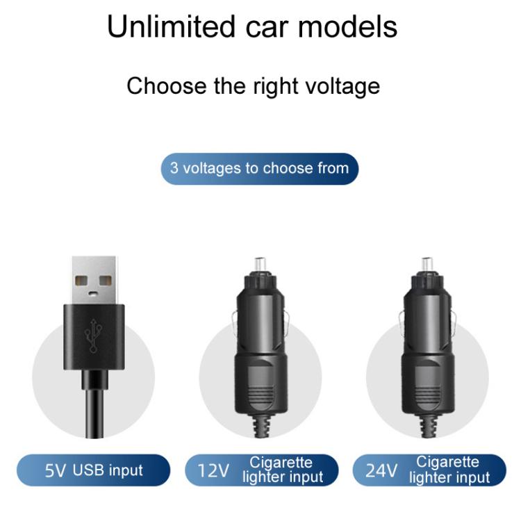 Car fan power inputs diagram showing USB 5V and cigarette-lighter 12V and 24V
