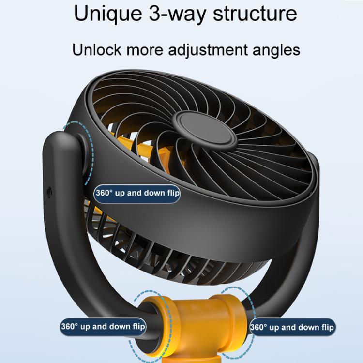 Black triple-head car fan with yellow base and 360° adjustable flip stand