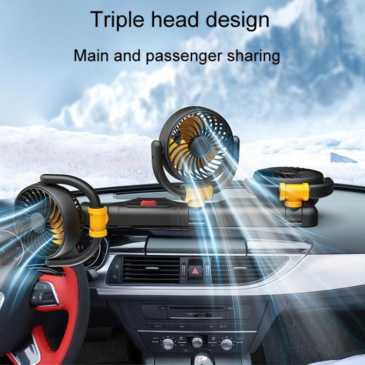 Black triple-head car fan with three circular fan heads projecting airflow