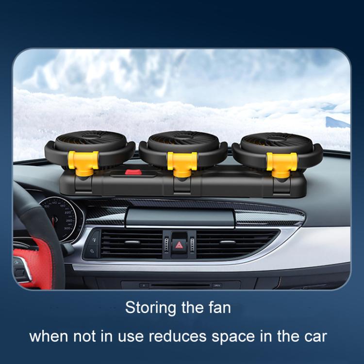 Triple-head car fan stored along dashboard with three circular heads