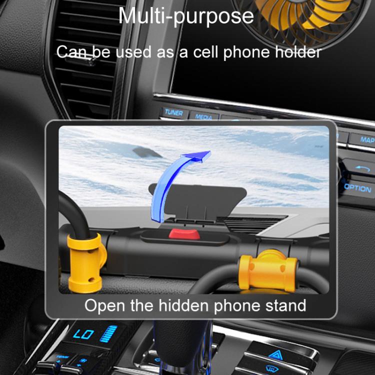 Black triple-head car fan with integrated hidden phone stand and dashboard mount