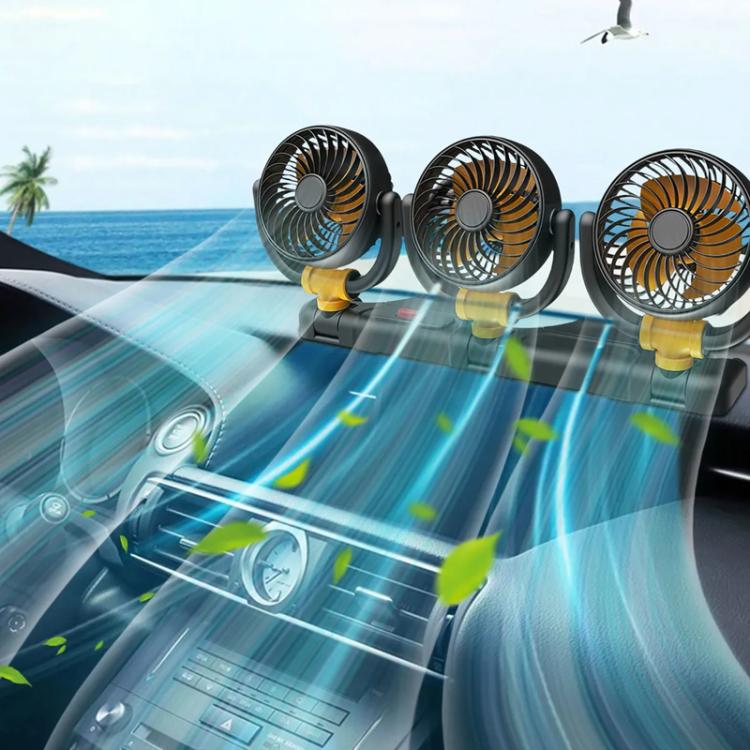 Triple-head car fan on dashboard with three rotating heads