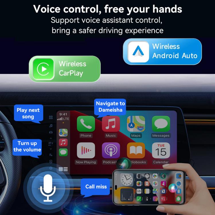 Wireless CarPlay/Android Auto adapter box with voice control for hands-free driving