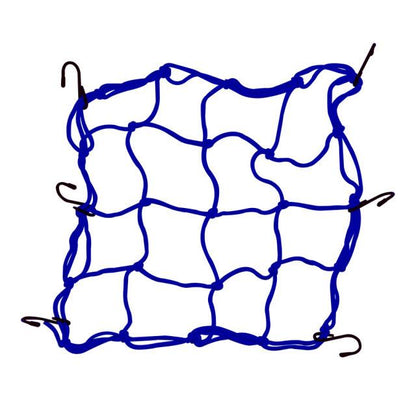Blue elastic mesh fuel tank bag with 6 hook straps and expandable net design.