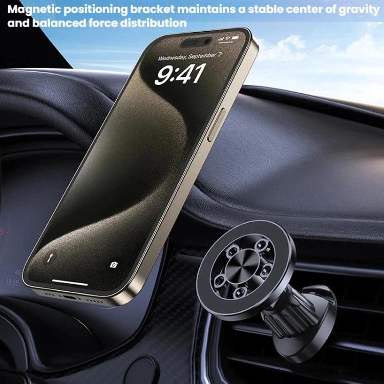 Magnetic car phone holder with circular bracket holding a smartphone on dashboard vent