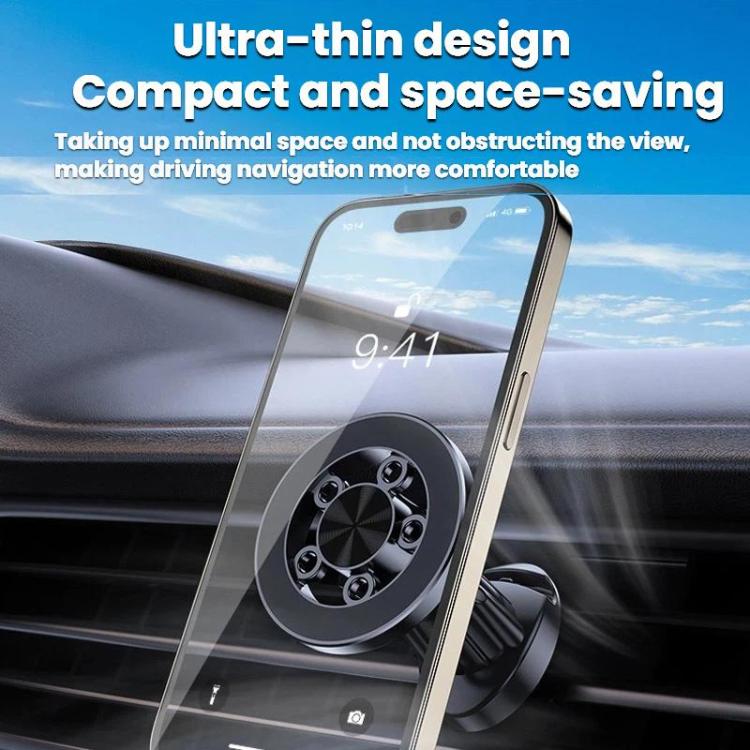 Compact black car magnetic phone holder with circular mount and low-profile vent clip