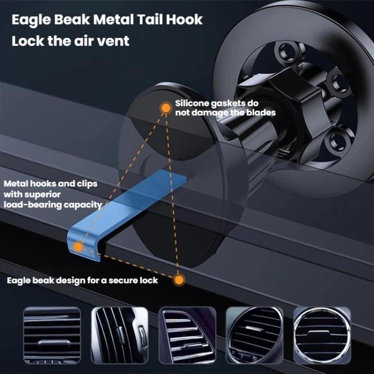Black magnetic phone holder with metal tail hook and air-vent locking clip