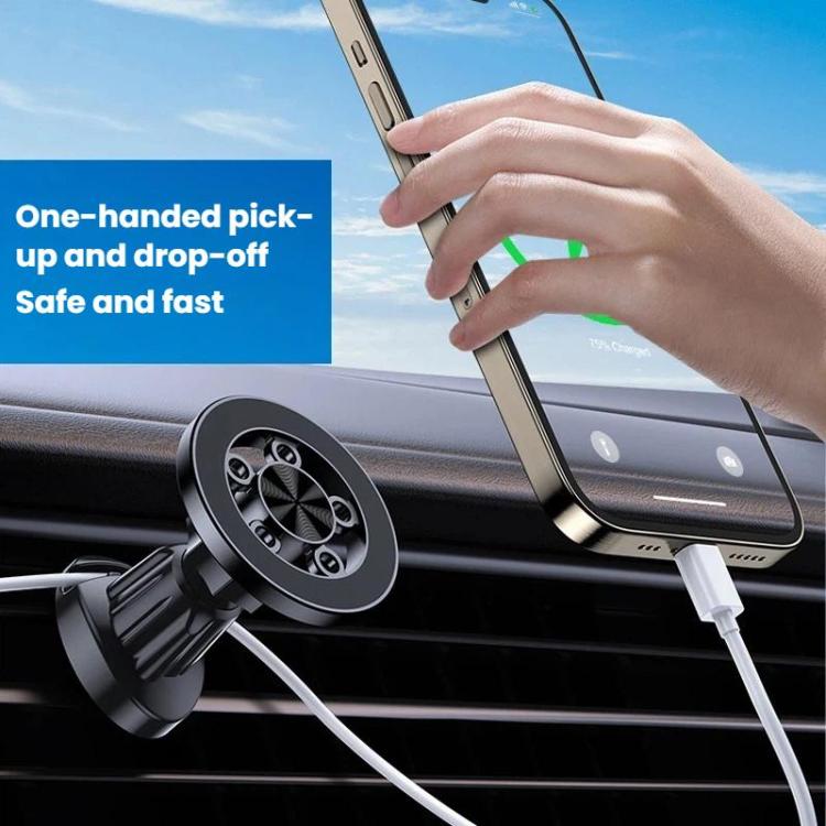 Black magnetic car vent phone holder with circular mount for quick phone pickup