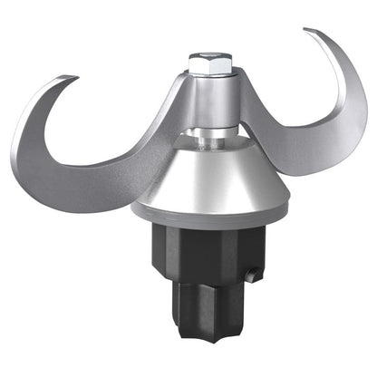 Stainless steel dough mixer knife with curved blades and black mounting base