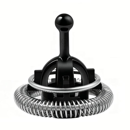 Milk frother whisk attachment with black handle and stainless wire spring ring
