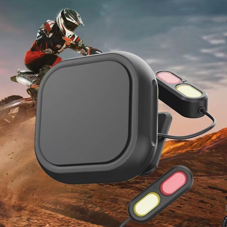 Black motorcycle blind spot radar controller with two LED alert pods and wiring.