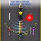 Top view lane assist radar diagram with 30m detection range rings and LED alerts.