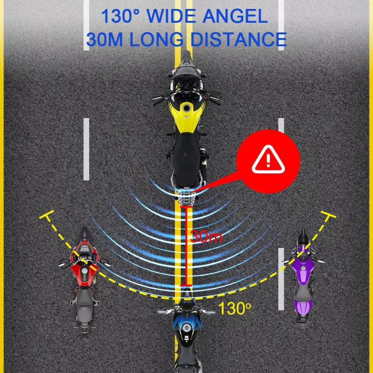 Top view lane assist radar diagram with 30m detection range rings and LED alerts.