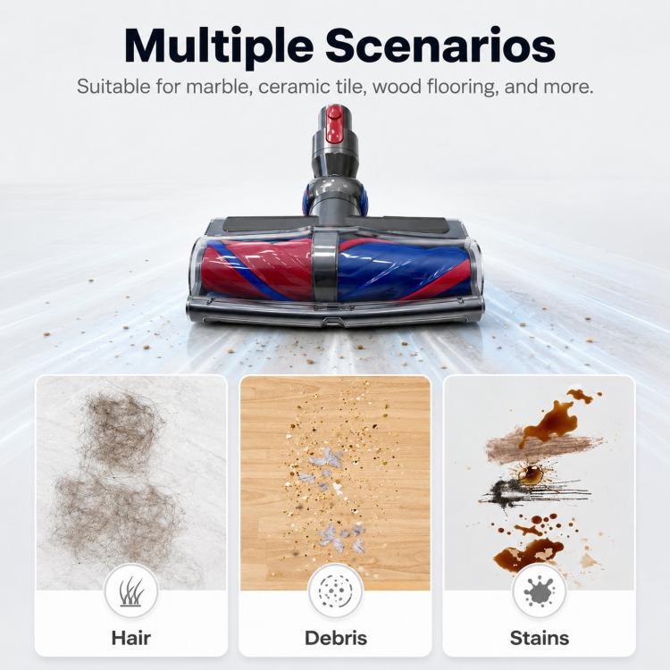 Vacuum floor brush head with blue and red transparent roller drum