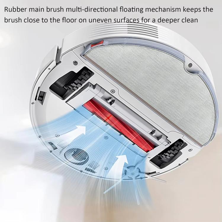 Robot vacuum underside showing red main brush roller assembly