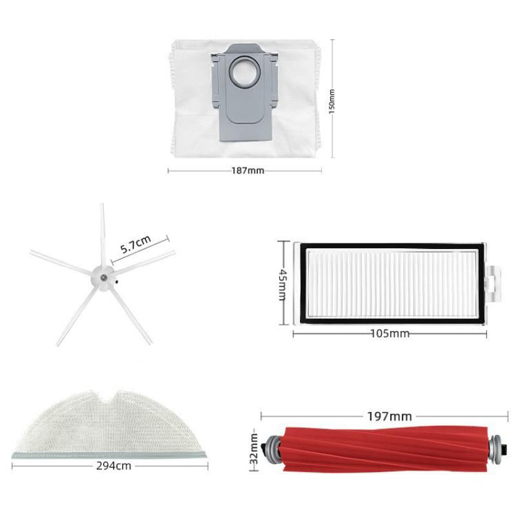 Vacuum replacement kit parts with sizes: side brush, filter, mop pad, main roller