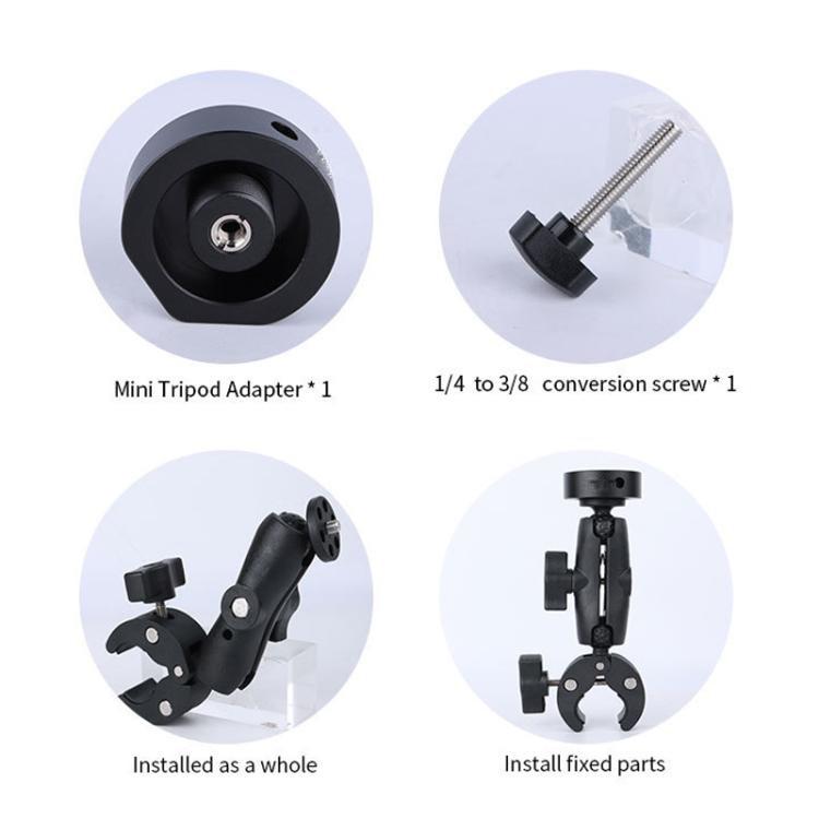 Black tripod adapter kit: mini base, conversion screw, and clamp mount parts