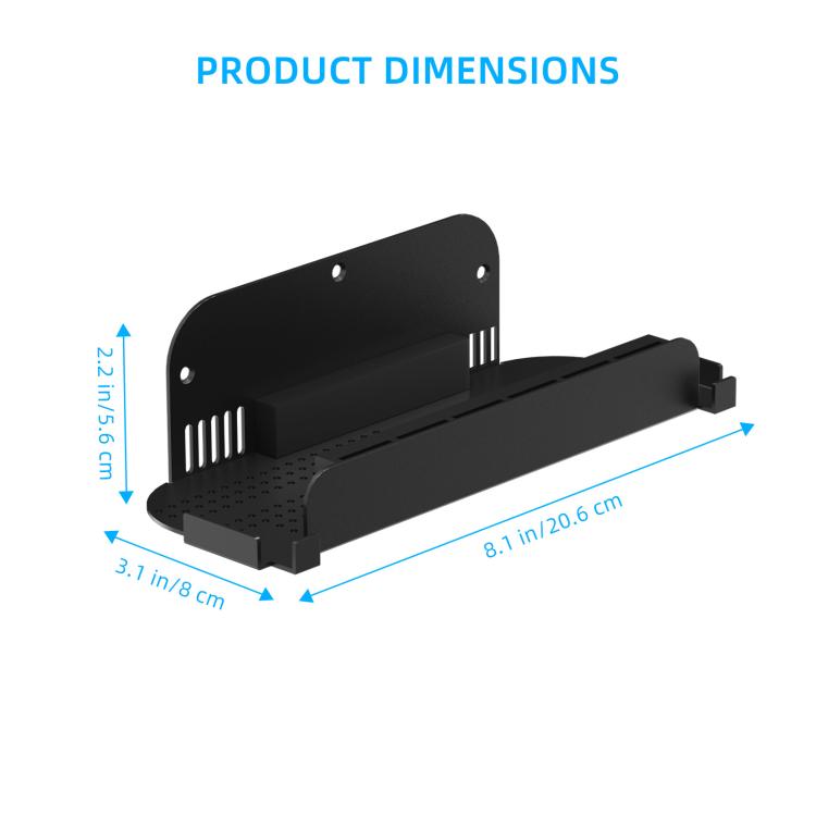 Black wall mount holder with dimensions showing length and width for mounting
