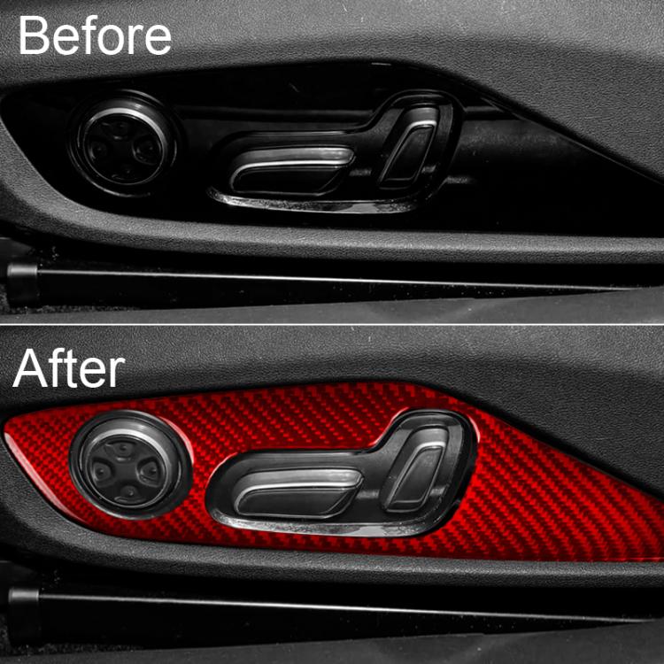 Red carbon-fiber style seat adjustment decorative stickers applied on car panel