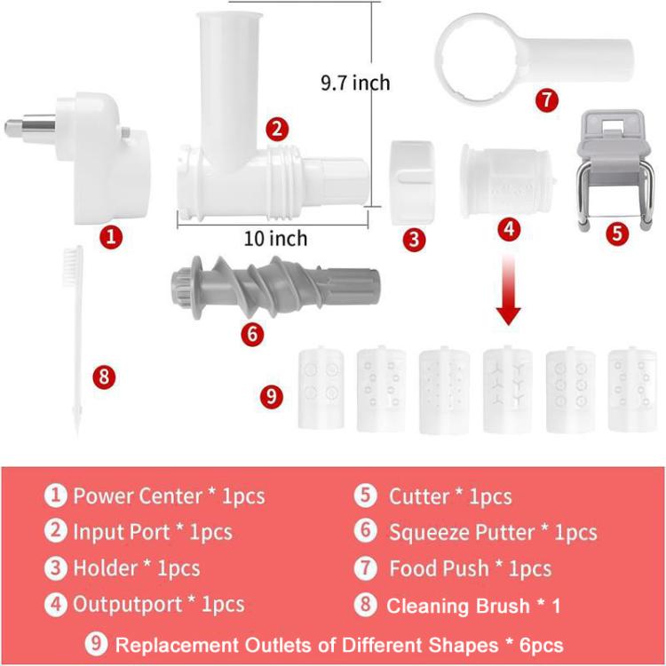 Pasta maker attachment parts set with holder, cutter, food push tool, and cleaning brush