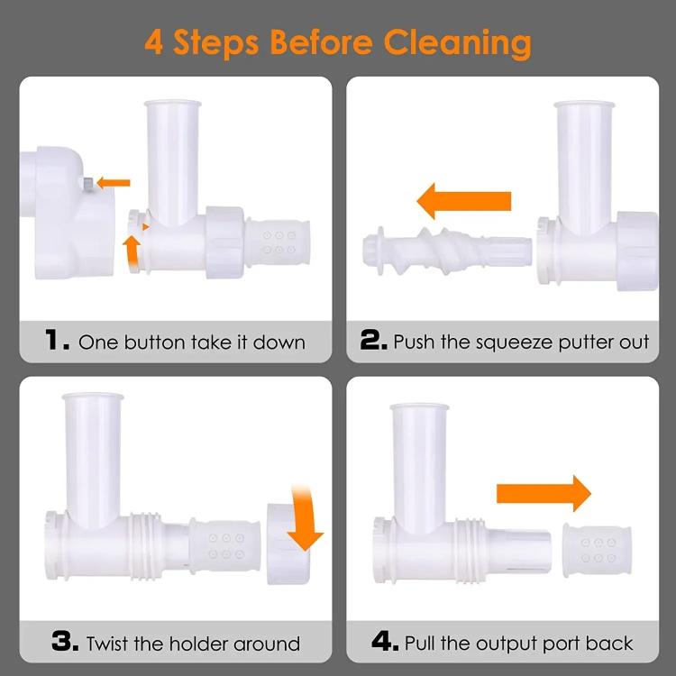 Pasta maker attachment cleaning guide showing squeeze tool and output port disassembly