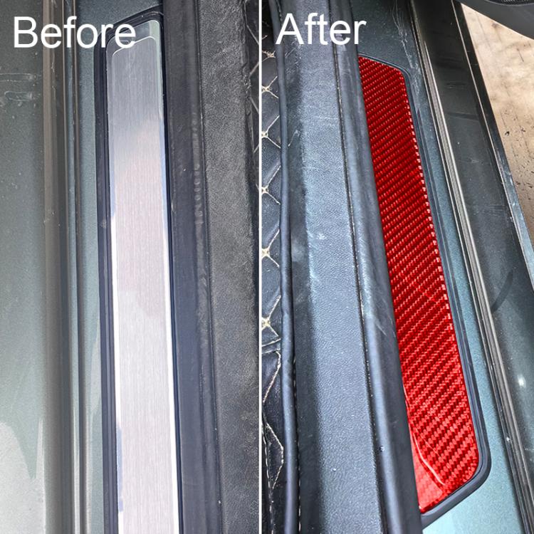 Red door sill sticker installed on car threshold, textured carbon-fiber trim