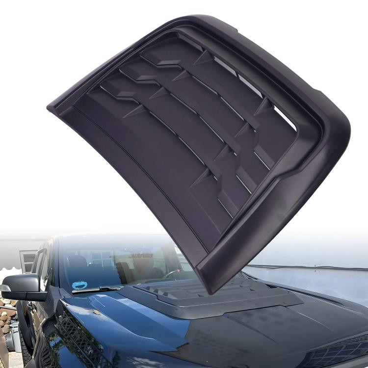 Frosted black hood air intake deflector, angled view with vent grille