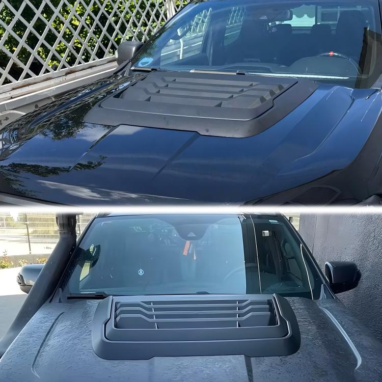 Hood air intake cover deflector installed on blue vehicle, frosted black grille