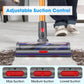 Low-profile gray vacuum brush head with purple bristle roller and red power slider