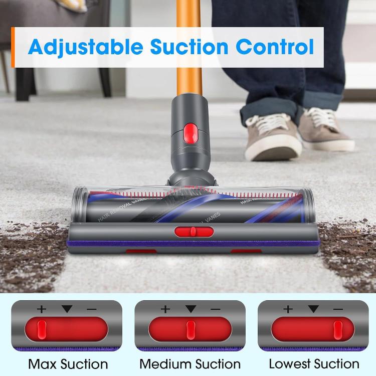 Low-profile gray vacuum brush head with purple bristle roller and red power slider