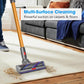 Gray vacuum brush head with purple edge and red button for multi-surface cleaning
