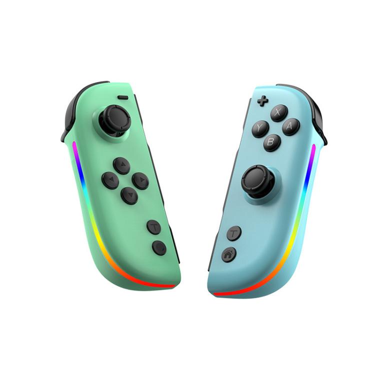 Green and light-blue split joy-con controllers with rainbow RGB light accents