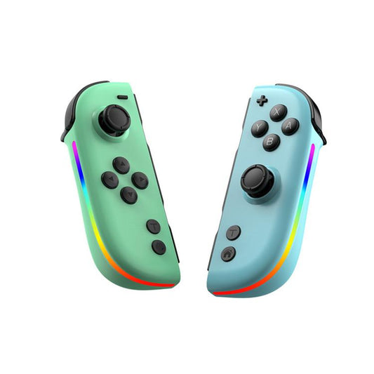 Green and light-blue split joy-con controllers with rainbow RGB light accents