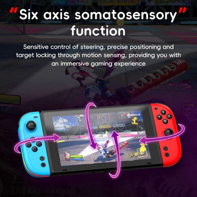 Blue and red split joy-con controllers with six-axis motion sensing arrows