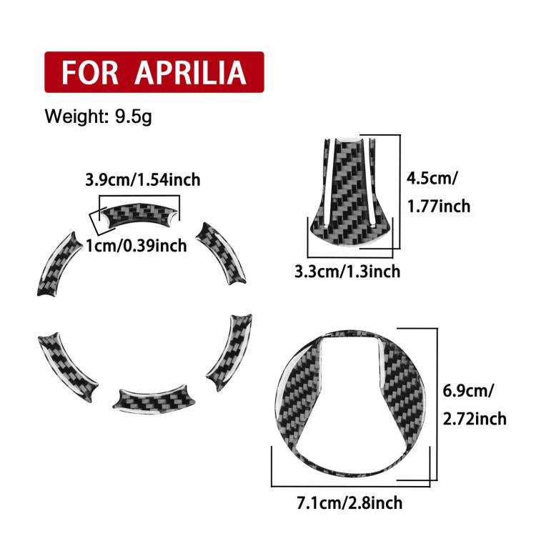 Black carbon-fiber fuel tank cap sticker set with numbered size layout diagram