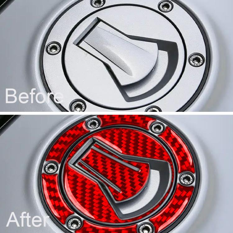 Fuel tank cap sticker comparison: black base on top, red carbon-fiber cap sticker below