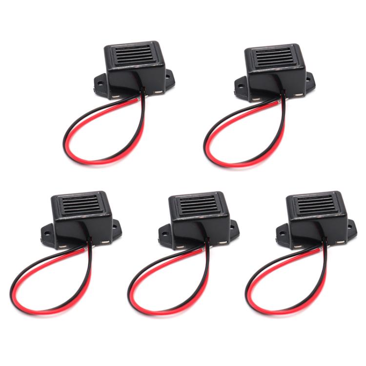 Compact set of black piezo buzzer modules with vented speaker cover and power leads