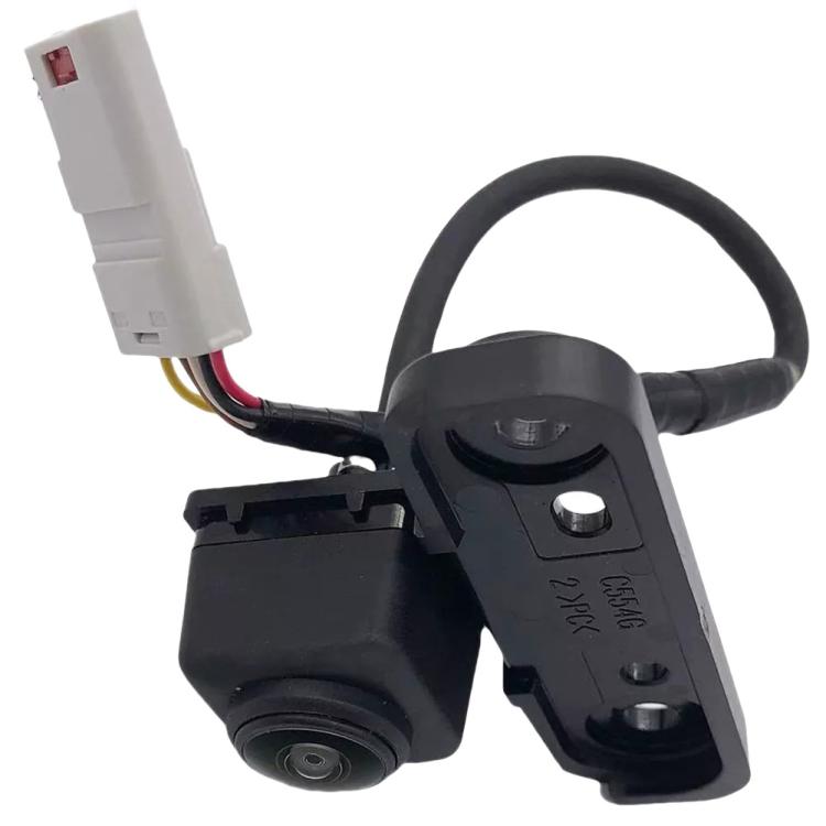Parking assist camera with connector wires and black bracket, angled close-up