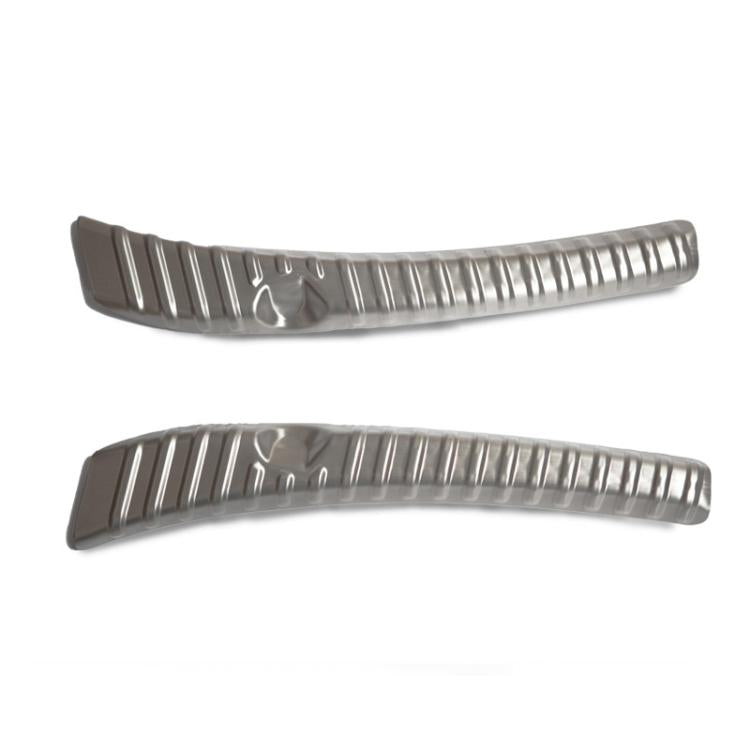 Stainless steel trunk sill guard with brushed silver finish and molded edge channels