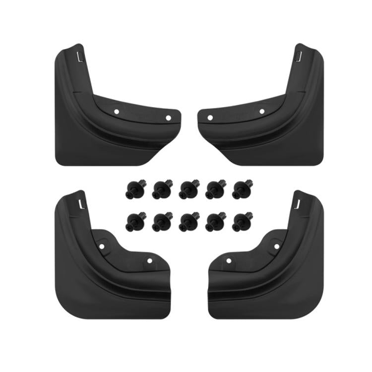 Set of black tire splash guards with mounting hardware and screws