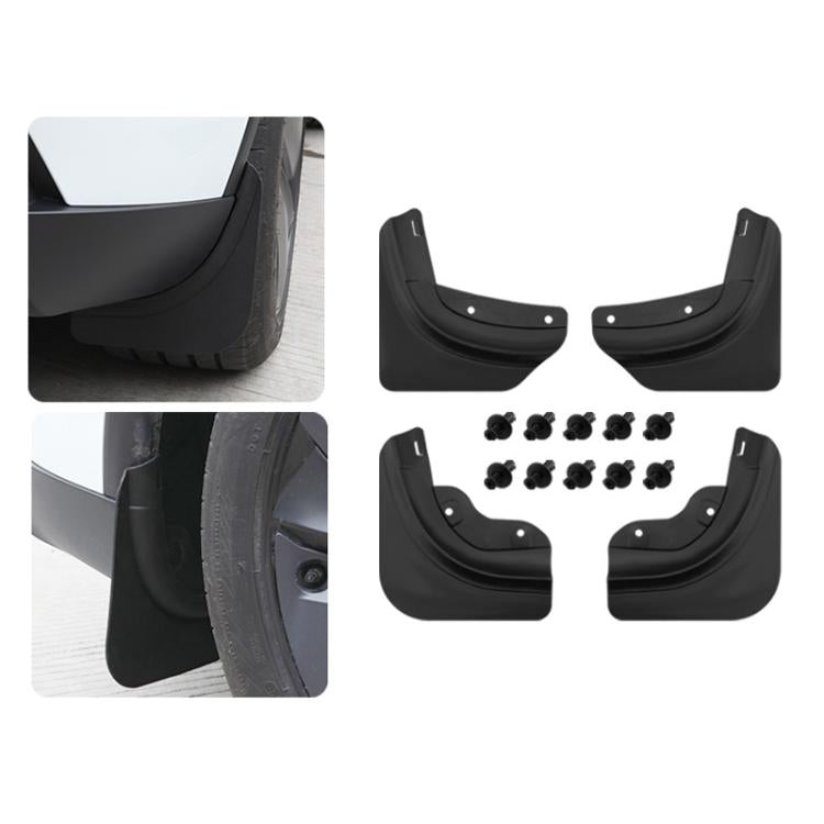 Black tire splash guards for wheel wells, shown with screw set