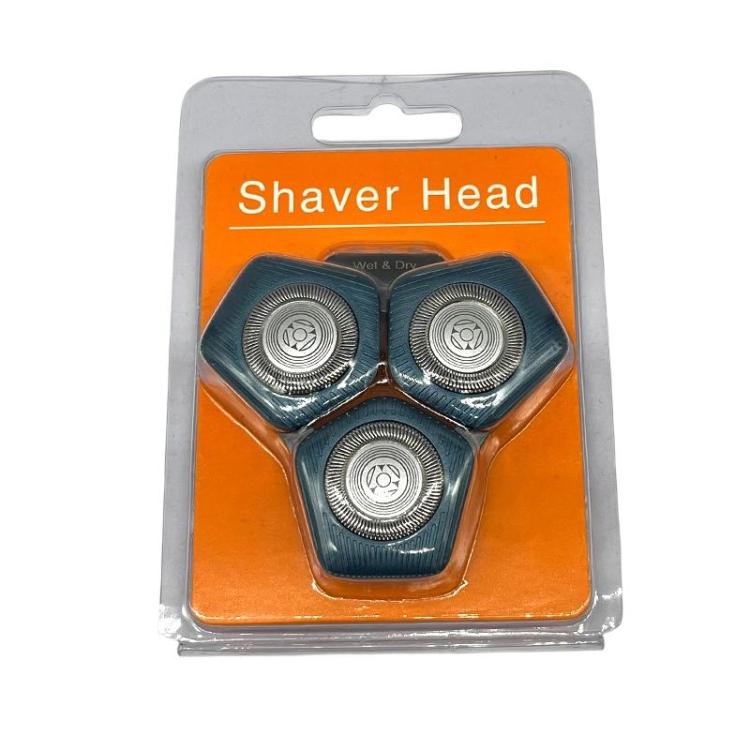 Electric shaver upper head assembly in blister pack, dark blue frame with 3 foils