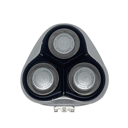 Triangular replacement shaver head with three rotary cutters in black and silver
