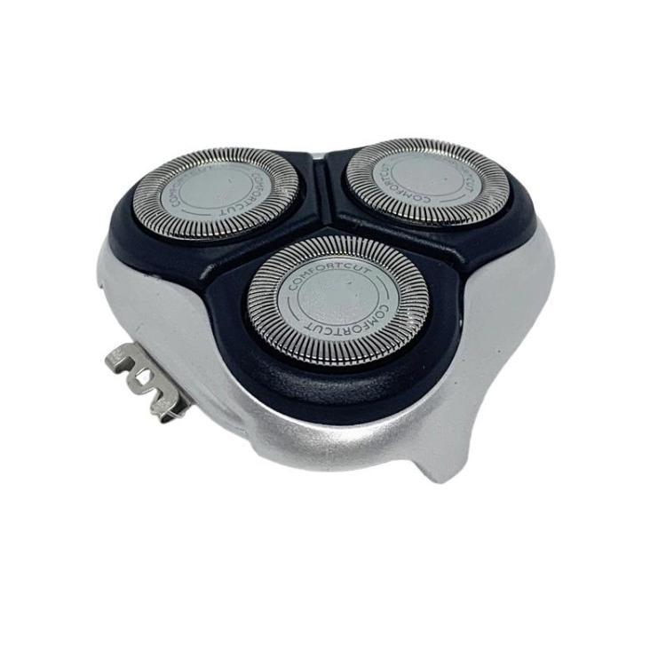 Replacement shaver head with three rotary cutters, black housing and silver frame tabs