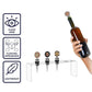 Clear acrylic wine stopper display stand with four stoppers; bottle held nearby