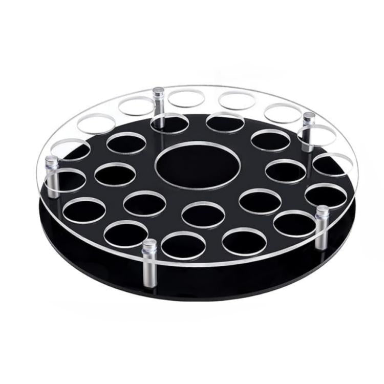 Wine glass tray stand with 25 holes and center bottle slot: black round tray, clear posts