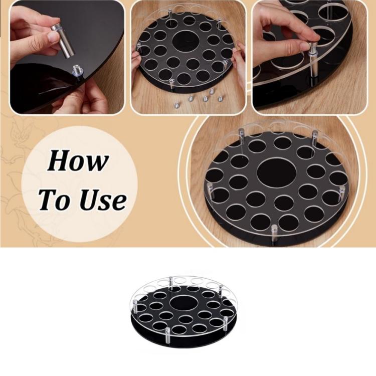 Wine glass tray stand, 25-hole black round tray with center bottle slot and clear posts