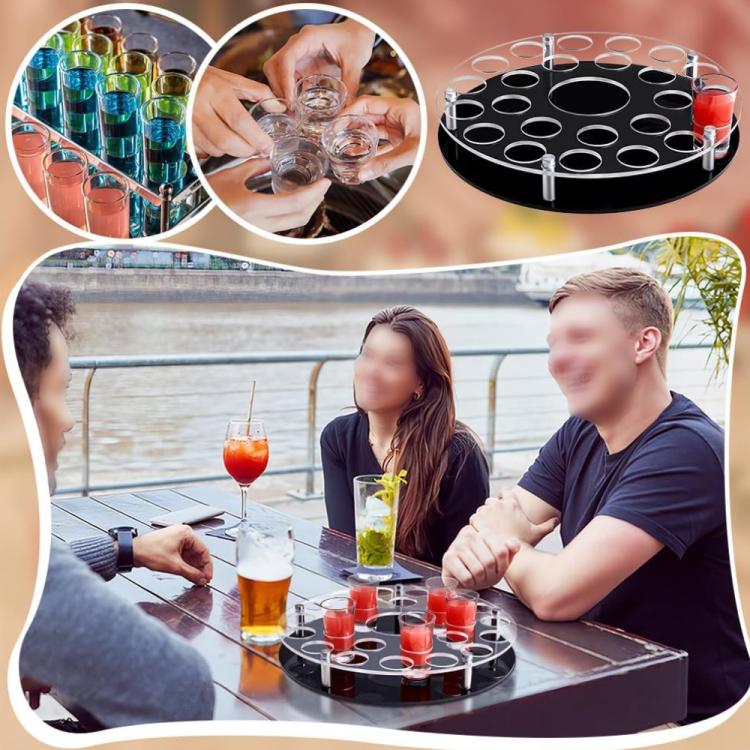 Wine glass tray stand with 25 holes and center bottle slot, black tray and clear posts