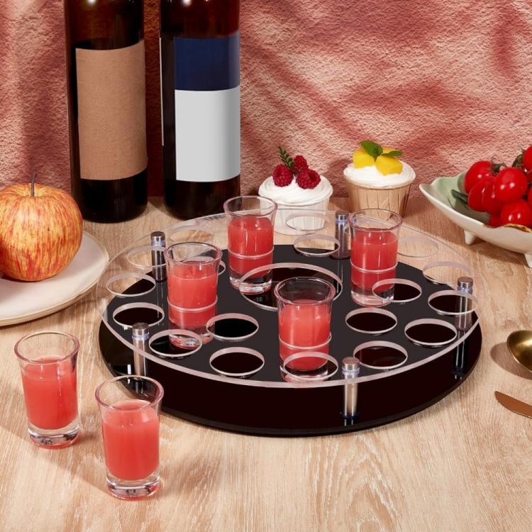 Wine glass tray stand with 25-hole layout and center bottle slot, black tray with clear posts